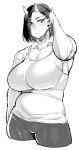  asymmetrical_bangs bangs belly blush breasts cropped_legs curvy earrings elf-san_wa_yaserarenai. greyscale hair_over_one_eye hand_up highres huge_breasts jewelry looking_to_the_side monochrome muscle muscular_female oga-san oni oni_horns playing_with_own_hair plump pointy_ears short_hair simple_background slit_pupils standing sweat synecdoche tank_top thick_thighs thighs white_background 