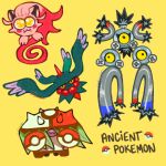  :3 brute_bonnet closed_mouth colored_sclera commentary english_commentary english_text fangs flutter_mane full_body highres kayfitzart magnet no_humans poke_ball poke_ball_(basic) pokemon pokemon_(creature) pokemon_focus red_sclera sandy_shocks scream_tail screw simple_background smile yellow_background yellow_eyes 