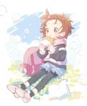  1girl absurdres backpack bag black_hoodie black_leggings black_socks blue_shorts blue_sky book braid braided_bangs brown_eyes brown_hair bubble chinese_commentary cloud cloudy_sky commentary_request day eating food frilled_shorts frills highres holding holding_food hood hood_down hoodie ice_beno leggings leggings_under_shorts long_sleeves medalist_(manga) open_mouth outdoors pink_shoes shoes short_hair shorts sitting sky socks solo taiyaki very_short_hair wagashi yuitsuka_inori 