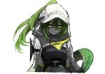  1girl absurdres aizettonagi arknights arknights:_endfield bodysuit commentary_request fluorite_(arknights) green_eyes green_hair green_tail grey_bodysuit hair_between_eyes highres hood hooded_jacket hoodie jacket long_hair ponytail simple_background snake_girl snake_tail solo tail white_background white_hoodie 