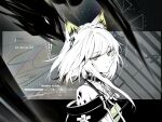  19680824 1girl animal_ear_fluff animal_ears arknights bare_shoulders black_background cat_ears cat_girl chinese_commentary closed_mouth commentary_request green_eyes highres kal'tsit_(arknights) looking_at_viewer material_growth mon3tr_(arknights) mon3tr_(summon)_(arknights) oripathy_lesion_(arknights) partially_colored short_hair signature triangle upper_body 