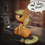  ! 2018 ? applejack_(mlp) bed bed_sheet bedding bedroom blonde_hair building butt cellphone city collar curtains cute cutie_mark dialogue earth_pony english_text equine eyelashes female feral freckles friendship_is_magic green_eyes hair hair_tie hi_res hooves horse inside looking_back mammal mixed_media my_little_pony name_tag nude on_bed pet phone photo pillow pony real shadow sitting skyscraper snowjack18 solo_focus speech_bubble sunlight tail_wraps text unseen_character window wraps 