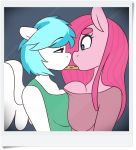  2015 anthro anthrofied big_breasts breast_squish breasts cookie dessert duo earth_pony equine eye_contact fan_character feathered_wings feathers female food friendship_is_magic hi_res horse huge_breasts mammal my_little_pony pegasus pinkamena_(mlp) pinkie_pie_(mlp) pocky_game pony somescrub squeaky_clean white_feathers wings 