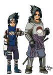 1boy armor black_eyes black_gloves black_hair chokutou dual_persona forehead_protector gauntlets gloves highres japanese_armor karystmania konohagakure_symbol male_focus naruto_(classic) naruto_(series) naruto_shippuuden ninja pants ponytail redesign short_hair shoulder_armor single_glove smile spiked_hair uchiha_sasuke uchiha_symbol 