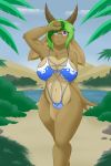  bikini brown_fur cainesart clothing desert eyewear female fur glasses green_hair hair hi_res horn jackalope jane_(avencri) lagomorph long_ears mammal multicolored_hair oasis outside purple_eyes solo standing swimsuit tree 