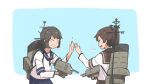  aqua_background black_hair breath brown_hair cannon closed_eyes from_behind grin kantai_collection long_hair long_sleeves miyuki_(kantai_collection) multiple_girls neck_ribbon ponytail ribbon rigging sailor_collar school_uniform serafuku shikinami_(kantai_collection) short_hair smile two-tone_background upper_body wachi_(hati1186) white_background 