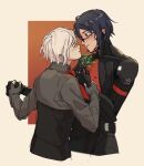  2girls android ariane_yeong black_hair blush closed_eyes commentary cropped_torso elster_(signalis) english_commentary highres holding holding_another's_wrist holding_hands holding_plant imminent_kiss marion_(plinkoping) metal_skin multiple_girls parted_lips plant short_hair signalis sketch skin_seams two-tone_background upper_body white_hair yuri 