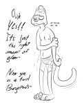  2016 3_toes anthro black_and_white blush burgerpants cat clothed clothing dialogue digital_drawing_(artwork) digital_media_(artwork) disney english_text feline fur furii hat male mammal monochrome offscreen_character pawpads shorts simple_background solo text toes topless undertale video_games white_background zootopia zootopia_shorts 