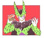  1boy arthropod_boy arthropod_limbs black_nails burger carapace cell_(dragon_ball) colored_skin dragon_ball dragon_ball_z fingernails food green_carapace hands_up holding holding_burger holding_food inkerton-kun male_focus perfect_cell purple_eyes smile solo tongue tongue_out upper_body white_skin 