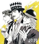  3boys alcohol bowler_hat commentary_request cup drinking_glass egg_(cknlun) facial_hair hair_slicked_back hat jojo_no_kimyou_na_bouken jonathan_joestar male_focus multiple_boys mustache necktie phantom_blood profile robert_e._o._speedwagon top_hat will_anthonio_zeppeli wine wine_glass 