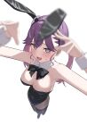  1girl @_@ absurdres ahoge animal_ear_hairband animal_ears bare_arms bare_shoulders black_bow black_bowtie black_leotard black_thighhighs blurry blurry_foreground blush bow bowtie breasts brown_pantyhose cleavage commentary covered_navel detached_collar fake_animal_ears from_above gakuen_idolmaster hairband highres idolmaster kaya_rinha large_breasts leotard long_hair looking_at_viewer looking_up nanami_haru open_mouth pantyhose playboy_bunny purple_hair rabbit_ear_hairband rabbit_ears rabbit_pose sidelocks simple_background solo strapless strapless_leotard thighhighs thighhighs_over_pantyhose twintails white_background white_wrist_cuffs wrist_cuffs 