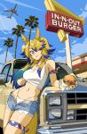 1girl absurdres aircraft airplane american_flag american_flag_print animal_ears bandana_around_arm bare_shoulders beach bikini bikini_bottom_under_shorts bikini_under_clothes blonde_hair blue_eyes blue_hair blue_sky breasts burger cleavage closed_mouth cloud commentary cutoffs denim denim_shorts flag_print food food_wrapper highres holding holding_burger holding_food horse_ears horse_girl horse_tail in-n-out_burger jet_airliner jewelry large_breasts long_hair looking_at_viewer midriff motor_vehicle multicolored_hair navel necklace obey_your_master_(umamusume) on_truck one_eye_closed open_clothes open_fly open_shorts outdoors palm_tree pickup_truck shirt shorts sky smile solo star-shaped_pupils star_(symbol) star_necklace swimsuit symbol-shaped_pupils tail tank_top tongue tongue_out tree truck two-tone_hair umamusume umamusume:_cinderella_gray unzipped vee_(427deer) white_bikini white_shirt white_tank_top 