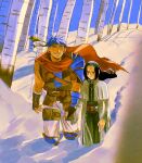  2boys absurdres birch_tree black_hair blue_hair blush cape capelet closed_eyes commentary english_commentary facial_mark fire_emblem fire_emblem:_radiant_dawn forehead_mark headband height_difference highres holding_hands ike_(fire_emblem) long_hair male_focus multiple_boys outdoors red_cape short_hair smile snow soren_(fire_emblem) soren_(radiant_confidant)_(fire_emblem) taxkha tree yaoi 