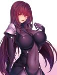  absurdres bangs blush bodysuit breasts commentary_request covered_navel eyebrows_visible_through_hair fate/grand_order fate_(series) hair_between_eyes highres hips large_breasts long_hair looking_at_viewer lun7732 open_mouth pauldrons purple_bodysuit purple_hair red_eyes scathach_(fate)_(all) scathach_(fate/grand_order) simple_background solo white_background 