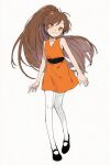  1girl ai-assisted black_shoes bliss_(kuku88) brown_hair colokhan commentary dress dress_shoes english_commentary full_body high_ponytail highres long_hair orange_dress orange_eyes original pantyhose ponytail powerpuff_girls shoes short_dress sleeveless very_long_hair white_background white_pantyhose 