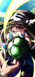  2boys absurdres arm_warmers artist_name ball beanie blue_arm_warmers blue_eyes blue_nails brown_hat cloud cowboy_hat english_commentary goggles goggles_on_headwear grey_hair gyro_zeppeli hat high_collar highres holding holding_ball horseshoe_hat_ornament horseshoe_ornament johnny_joestar jojo_no_kimyou_na_bouken long_hair looking_at_viewer male_focus multiple_boys nail_polish noonvincent parted_lips purple_shirt reflection shirt sky steel_ball_(jojo) steel_ball_run 