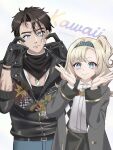  1boy 1girl :3 black_gloves black_hair black_jacket black_neckerchief blazer blue_eyes blue_hairband blue_pants bow bowtie burn_scar closed_mouth commentary_request dog_tags gloves grey_background grey_hair grey_jacket hairband hands_up highres j_(reverse:1999) jacket leather leather_jacket looking_at_viewer matilda_bouanich milmil7 neckerchief one_side_up open_clothes open_jacket pants red_bow red_bowtie reverse:1999 romaji_text scar scar_on_face shirt short_hair traditional_bowtie twitter_username upper_body white_shirt 