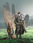 2026 4_toes 5_fingers absurd_res adobe_photoshop_(artwork) ambiguous_feral ambiguous_gender arrow_(weapon) axe black_nose boots bottomwear bow_(weapon) brown_body brown_eyes brown_fur butt canid canine canis clothed clothed_human clothed_male clothing colored concept_art danny_gardner digital_drawing_(artwork) digital_media_(artwork) domestic_dog duo ear_piercing english_description feet feral fingers footwear forest fully_clothed fully_clothed_human fully_clothed_male fur german_shepherd grass green_bottomwear green_clothing green_jacket green_pants green_topwear grey_boots grey_clothing grey_footwear grey_sky gun handgun hat headgear headwear herding_dog hi_res highguard_(game) holding_arrow holding_axe holding_object holstered_pistol human jacket larger_human larger_male light lighting male male_human mammal multicolored_body multicolored_fur official_art orange_clothing orange_hat orange_headwear orange_shirt orange_topwear outside pants pastoral_dog paws piercing pistol plant pouch_(clothing) quadruped ranged_weapon rock sculpture shaded shirt shoes sitting sitting_on_ground size_difference sky smaller_ambiguous smaller_feral smoke statue tan_body tan_skin toes topwear tree weapon white_mask