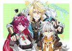  1girl 2boys absurdres black_gloves black_hood blonde_hair breasts closed_eyes commentary drawn_ears drawn_tail drawn_whiskers dress english_commentary fingerless_gloves fur_trim genshin_impact gloves gold_trim grey_hair hair_between_eyes highres hood hood_up jewelry long_hair multicolored_hair multiple_boys nun purple_hair razor_(genshin_impact) red_eyes red_hair rosaria_(genshin_impact) rosaria_(to_the_church's_free_spirit)_(genshin_impact) scar scar_on_face scarf simple_background smile spiritcake16 streaked_hair teeth twitter_username v varka_(genshin_impact) yellow_scarf 