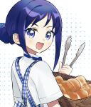  1girl apron basket blue_apron blue_bow blue_bowtie blue_eyes blue_hair blue_skirt blush bow bowtie bread bread_slice breasts checkered_clothes commentary_request cu23re dokidoki!_precure employee_uniform food gingham_apron gingham_clothes hair_bun high-waist_skirt highres hishikawa_rikka holding holding_basket kobeya_uniform long_hair looking_at_viewer looking_back open_mouth pleated_shirt precure shirt short_sleeves skirt smile solo tongs upper_body waitress white_shirt 