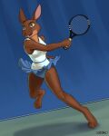  2024 anthro barefoot blue_bottomwear blue_clothing blue_skirt blue_underwear bottomwear clothed clothing feet female fur green_eyes lagomorph leporid mammal multicolored_body multicolored_fur rabbit shannon_baker simple_background skirt solo sport sportswear tennis tennis_racket tggeko underwear upskirt 
