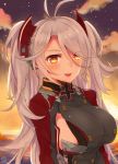  antenna_hair azur_lane breasts cloud cloudy_sky commentary_request hair_ornament highres imomushi_(iimomushii) iron_cross large_breasts long_hair looking_at_viewer mole mole_on_breast parted_lips prinz_eugen_(azur_lane) sideboob silver_hair sky smile solo star_(sky) starry_sky twilight two_side_up 