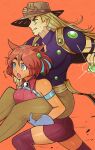 1boy 1girl absurdres animal_ears ball blue_hairband brown_hair brown_hat carrying carrying_person commentary dark-skinned_female dark_skin demon_horns gloves grey_gloves gyro_zeppeli hairband hat highres holding holding_ball horns horse_ears jeff_miga jojo_no_kimyou_na_bouken personification purple_shirt riding running shirt short_hair sitting steel_ball_run thighs untranslatable_commentary valkyrie_(jojo) 