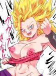  1girl abs aqua_eyes areolae armpits bare_shoulders blonde_hair blue_eyes blush breasts breasts_outside caulifla dragon_ball dragon_ball_super highres large_breasts looking_at_viewer midriff motion_lines nipples onomatopoeia open_mouth rickert_kai simple_background smile solo standing toned tubetop tubetop_pull upper_body white_background 