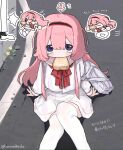  >_< 1boy 1girl alternate_costume black_hairband blush_stickers bread bread_slice bumping chibi chibi_inset day flower food food_in_mouth foot_out_of_frame hairband highres joe_rikiichi knee_up late_for_school long_hair long_sleeves looking_at_viewer mouth_hold nijisanji on_ground otaku_23-gou outdoors pink_hair purple_eyes road running school_uniform seeing_stars serafuku shirt sitting skirt small_sweatdrop solo_focus suo_sango thighhighs toast toast_in_mouth upturned_eyes virtual_youtuber weeds wheel_o_feet white_serafuku white_shirt white_skirt white_thighhighs yellow_flower 