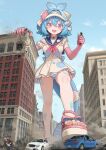  1girl :d absurdres blue_hair blue_panties blue_sailor_collar blue_sky breasts building car city commentary_request commission day destruction elbow_gloves fins fish_tail fleeing flower food-themed_hair_ornament giant giantess gloves gradient_neckerchief hair_flower hair_ornament highres indie_virtual_youtuber jewelry lazuli_(vtuber) medium_breasts motor_vehicle narutomaki_hair_ornament neckerchief necklace open_mouth outdoors panties pink_gloves pink_sandals sailor_collar sandals seal_hair_ornament signature skeb_commission sky smile star_(symbol) star_necklace striped_clothes striped_panties tail underwear virtual_youtuber visor_cap welt_(kinsei_koutenkyoku) 