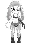 1boy belt belt_buckle bikini boots breasts buckle cameltoe combat_boots commentary cosplay domino_mask english_commentary eye_mask full_body gloves greyscale highres inkling inkling_girl inkling_player_character long_hair looking_at_viewer mask metal_gear_(series) monochrome navel pigeon-toed pointy_ears quiet_(metal_gear) quiet_(metal_gear)_(cosplay) ribs sarumoji simple_background single_glove small_breasts smile solo splatoon_(series) spotted_hair standing suspenders swimsuit tentacle_hair thong torn_clothes twintails white_background wide_hips 