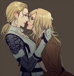  blonde_hair blue_eyes breasts commentary_request elina_kuroe_no_daarin eva_(mgs) eye_contact gloves hickey imminent_kiss lipstick long_hair looking_at_another makeup medium_breasts metal_gear_(series) metal_gear_solid_3 multiple_girls ponytail simple_background sweat the_boss yuri 