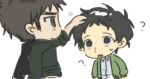  2boys ? ?? adachi_tooru arm_hair black_eyes black_hair blurry brown_eyes chengmingraven chibi chibi_only commentary_request doujima_ryoutarou green_jacket headpat jacket jacket_over_shoulder male_focus multiple_boys open_mouth persona persona_4 short_hair unworn_jacket white_background 