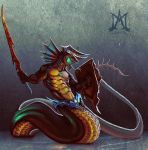  5_fingers anthro digital_media_(artwork) holding_object holding_weapon horn hybrid melee_weapon noctem-tenebris reptile scalie simple_background snake spines sword weapon 