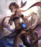  angela_(lord_of_vermilion_iii) angela_(lord_of_vermilion_iii)_(cosplay) arm_at_side black_legwear black_skirt blonde_hair breasts cosplay detached_sleeves djeeta_(granblue_fantasy) dutch_angle feet_out_of_frame granblue_fantasy hair_between_eyes hair_ornament holding holding_sword holding_weapon left-handed lord_of_vermilion lord_of_vermilion_iii medium_breasts miniskirt parted_lips pencil_skirt red_eyes see-through short_hair skirt solo standing sword tenyo0819 thighhighs walking weapon zettai_ryouiki 