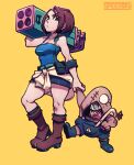  1boy 1girl blue_eyes blue_tube_top boots breasts brown_hair candy cleavage clothes_around_waist commentary english_commentary food highres holding holding_candy holding_food holding_hands holding_lollipop holding_weapon jill_valentine lollipop resident_evil resident_evil_3:_nemesis rocket_launcher short_hair skirt speedoru strapless sweater sweater_around_waist tube_top weapon 
