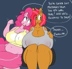 2015 anthro anthrofied babs_seed_(mlp) big_breasts big_butt blue_eyes breasts butt cleavage clothed clothing duo earth_pony english_text equine female friendship_is_magic fully_clothed hair hi_res horse huge_breasts hugtastic_pinkie_pie mammal my_little_pony navel nipple_bulge open_mouth pink_hair pinkie_pie_(mlp) pony slightly_chubby smile somescrub text tongue 