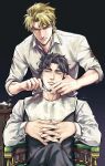  2boys black_hair blonde_hair blue_eyes brown_hair colored_eyelashes commentary_request dio_brando ear_birthmark egg_(cknlun) foam highres holding holding_razor jojo_no_kimyou_na_bouken jonathan_joestar male_focus multiple_boys phantom_blood razor razor_blade red_eyes shaving shaving_another shaving_beard shaving_cream sitting straight_razor towel towel_around_neck 