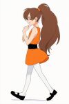  1girl ai-assisted big_hair black_shoes bliss_(kuku88) brown_hair colokhan commentary dress dress_shoes english_commentary from_side high_ponytail highres long_hair orange_dress orange_eyes original pantyhose ponytail powerpuff_girls shoes short_dress sleeveless smile very_long_hair walking white_background white_pantyhose 