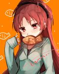  1girl black_bow blush bow breasts commentary_request fish_background food green_sweater hair_bow hand_up highres long_hair looking_at_viewer mahou_shoujo_madoka_magica mouth_hold orange_background ponytail rairai_(light) red_eyes red_hair sakura_kyoko simple_background sleeves_past_wrists small_breasts solo sweater taiyaki upper_body wagashi 