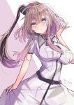  1girl absurdres blue_eyes blush breast_pocket breasts brown_hair dress hair_between_eyes high_side_ponytail highres hizaka kantai_collection large_breasts long_hair looking_at_viewer one-hour_drawing_challenge pocket ponytail saratoga_(kancolle) saratoga_mk_ii_(kancolle) side_ponytail signature smile smokestack smokestack_hair_ornament solo twitter_username white_background white_dress 