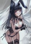 animal_ears arm_under_breasts bangs bare_arms bare_shoulders black_bra black_gloves black_hair black_legwear black_panties blunt_bangs bra breast_hold breasts bunny_ears bunny_tail choker cleavage curtain_grab curtains fur_trim garter_belt gloves grabbing gun hand_up handgun highres hime_cut lace lace-trimmed_thighhighs large_breasts leaning_forward long_hair looking_at_viewer mole mole_on_breast mole_under_eye navel original panties purple_eyes ribbon_choker side-tie_panties solo tail terai_(teraimorimori) thighhighs underwear underwear_only weapon 