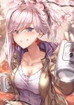  alcohol beer blue_eyes breasts casual cherry_blossoms chopsticks cleavage collarbone commentary_request earrings fate/grand_order fate_(series) folded_ponytail grin highres hood jacket jewelry ks large_breasts miyamoto_musashi_(fate/grand_order) open_clothes open_jacket smile solo sweater udon 