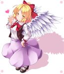  aka_tawashi angel_wings blonde_hair commentary dutch_angle gengetsu hair_ribbon heart highres long_sleeves looking_at_viewer mary_janes red_neckwear red_ribbon ribbon shadow shoes simple_background skirt solo touhou touhou_(pc-98) vest white_background wings yellow_eyes 