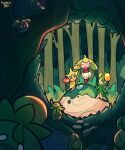  3girls :> artist_name bounsweet budew closed_eyes closed_mouth commentary dolliv english_commentary eyelashes grass_type_theme_(pokemon) highres in_tree moss multiple_girls o_o on_rock open_mouth outstretched_arms pixelorei pokemon rock roselia_(pokemon) sitting smile smoliv spread_arms standing steenee tearing_up tree wavy_mouth 