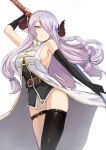  arm_up asymmetrical_gloves asymmetrical_legwear black_gloves black_legwear bottomless braid breasts cape elbow_gloves eyebrows_visible_through_hair fingerless_gloves floating_hair gloves granblue_fantasy grey_eyes hair_over_one_eye highres holding holding_sword holding_weapon horns huge_breasts katana long_hair looking_at_viewer narmaya_(granblue_fantasy) parted_lips pen_(pen3) pointy_ears sideboob silver_hair simple_background solo standing sword thigh_strap thighhighs very_long_hair weapon white_background white_cape 