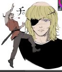  2boys badeni black_hair black_tabard blonde_hair brown_pants chi.:_chikyuu_no_undou_ni_tsuite commentary_request eyepatch falling grey_eyes hair_bun jewelry kimmao multiple_boys necklace oczy pants ponytail scabbard scar scar_on_face sheath shirt tabard twitter_username 