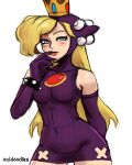  1girl absurdres arm_behind_back bad_id bad_twitter_id blonde_hair blue_eyes blush breasts covered_navel crown dress elbow_gloves finger_to_mouth gem gloves highres hood hood_up hooded_dress horn_ornament horns latex latex_dress looking_at_viewer mario_(series) mario_power_tennis mario_tennis mini_crown narrow_waist oni_doodles purple_dress red_gem skin_tight small_breasts solo spiked_bra warupeach white_background x_cutout 