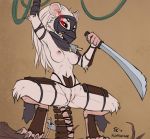  2017 anthro armor breasts digitigrade female fluff-kevlar fur ink-eyes looking_at_viewer magic_the_gathering mammal melee_weapon nipples pussy rat red_eyes rodent spread_legs spreading sword weapon white_fur 