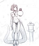  5_fingers animal_humanoid anthro breasts clothed clothing dragon female hair hi_res holding_object humanoid jewelry long_legs long_tail midriff navel necklace nipples sketch solo standing suelix thick_tail topless wide_hips 
